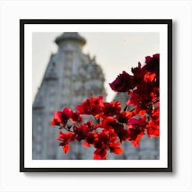 Red Flowers In Front Of A Temple Art Print