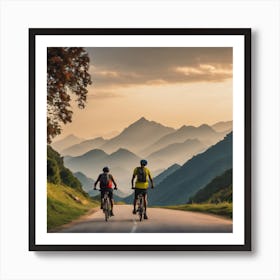 Two Cyclists Friends On Mountain Road. Art Print