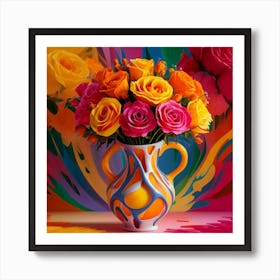 Colorful Roses In A Vase Art Print