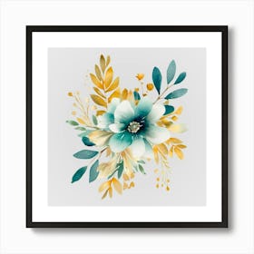 Watercolor Gold And Teal Bouquets 1 Art Print