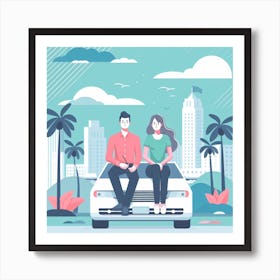 Couple Sitting On The Car Art Print