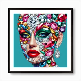 Pop Art Gems: A Creative and Vibrant Collage of a Woman’s Face with Diamonds, Rubies, and Emeralds Art Print