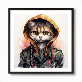 Watercolour Cartoon Ringtail Cat In A Hoodie 2 Art Print