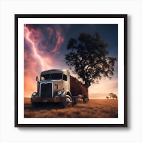 Lightning Storm Over A Semi Truck Art Print