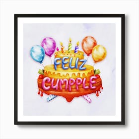 Feliz cumple and Feliz cumpleaños sign means Happy Birthday in Spanish language, Birthday party celebration gift with birthday cake candle colorful balloons best congratulation over light background wall artFeliz Cumple 4 Art Print