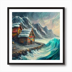 Acrylic and impasto pattern, mountain village, sea waves, log cabin, high definition, detailed geometric 3 Art Print
