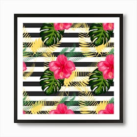 Spring Stripes Seamless Tropical Floral Pattern Art Print