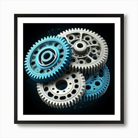 A render of a complex arrangement of interlocking gears. The gears are made of a blue and white metal, and they are set against a black background. The gears are in motion, and they are creating a sense of energy and movement. The image is both beautiful and thought-provoking, and it is a reminder of the power of machines. Art Print