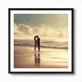 Couple Kissing On The Beach Art Print