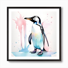 Penguin With Watercolor Splashes Art Print