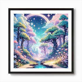 A Fantasy Forest With Twinkling Stars In Pastel Tone Square Composition 393 Art Print