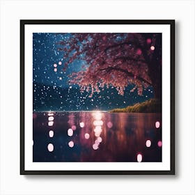 Lights on Cherry Blossom Lake at Midnight Art Print