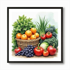 A Vibrant English Farmer S Market With Seasonal Fruits And Vegetables, Watercolor Art Print