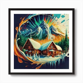 Abstract painting of a mountain village with snow falling 31 Art Print