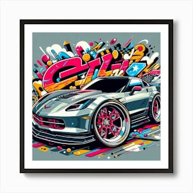 Chevrolet Corvette Big Rims Vehicle Colorful Comic Graffiti Style Art Print