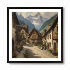 Village In The Alps. Oil Art. Art Print