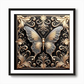 Black & Gold Decorative Panel with Butterfly Art Print