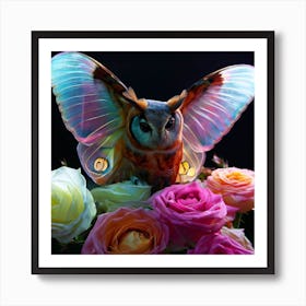 owl with Glasswinged butterfly colors, Chameleon roses  Art Print