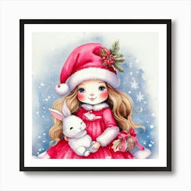 Firefly Christmas, Bunnies, Santa, Hat, Pastel, Watercolor, Pink, Dresses, Cute, Festive, Holiday, W (3) Art Print