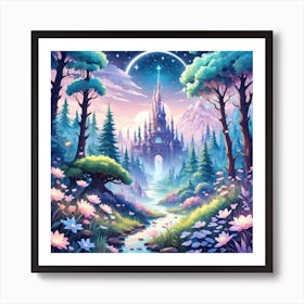 A Fantasy Forest With Twinkling Stars In Pastel Tone Square Composition 37 Art Print