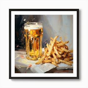 One Beer And French Fries Oil Painting Art Print