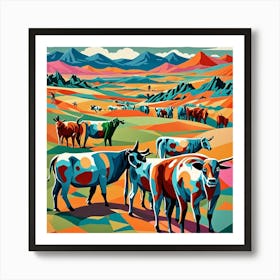 Cattle On Pasture Cubism Style Art Print