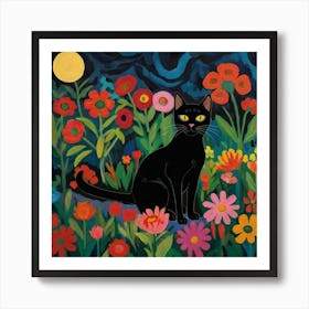 Black Cat In The Garden With Flowers At Night Art Print