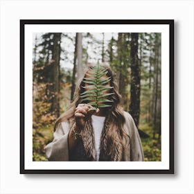 Woman Holding A Leaf In The Forest Art Print