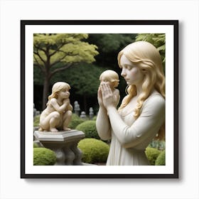96 Garden Statuette Of A Small Kneeling Blonde Woman With Clasped Hands Praying In Front Of A Statuett Art Print