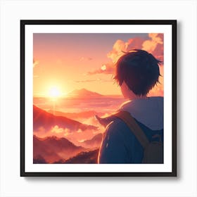 Boy Looking At The Sunset Beautiful Anime Japanese Art Print