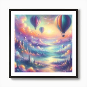 Dreamy Pastel Painting Of Hot Air Balloons Drifting Over A Fantasy Landscape, Style Soft Pastel Painting Art Print