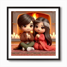 Cute Couple Sitting In Front Of Fireplace Art Print