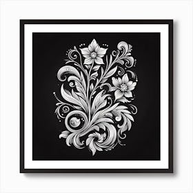 Floral Drawing On A Black Background Art Print