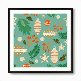 Christmas Baubles And Winter Foliage Light Blue Art Print