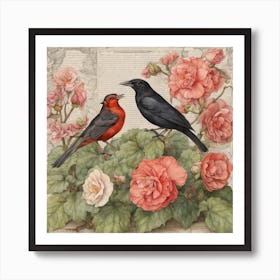 Birds On Roses Art Print