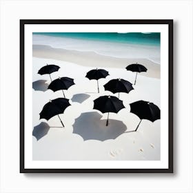 Black Umbrellas On The Beach Art Print