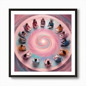 A Diverse Group Of People Sit In A Circle On A Platform With A Swirling Vortex Design Beneath Them Art Print