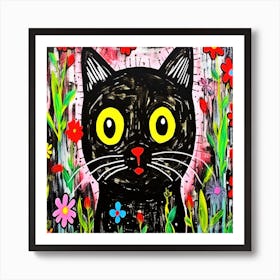 Mesmerized Kitty - Black Cat In Flowers 1 Art Print