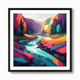 A modern digital painting of a river, with bold, geometric shapes and a vibrant color scheme, showcasing the beauty of technology and nature combined. 2 Art Print