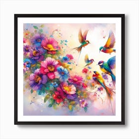 Colorful Birds And Flowers Art Print