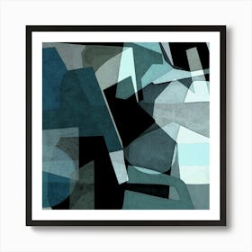 Abstract Blue, Teal, and Black, Collaged Minimalist, Monochromatic, Contemporary Wall Art, Billy Art Print