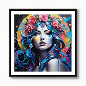 Woman With Flowers On Her Head 2 Art Print