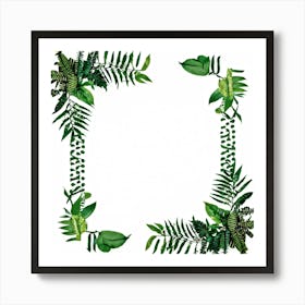 A Tropical Floral Decoration Showcasing A Square Frame Of A Stylized Tree Branch And Ferns Composit (2) 1 Art Print