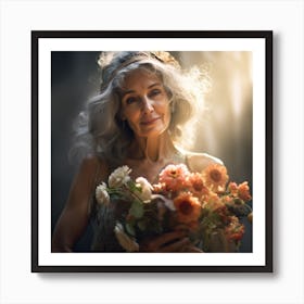 Portrait Of A Woman Holding Flowers Art Print
