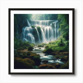 A majestic waterfall flowing through a lush rainforest1 Art Print