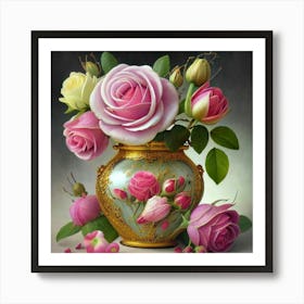 Antique fuchsia jar filled with purple roses, willow and camellia flowers 2 Art Print