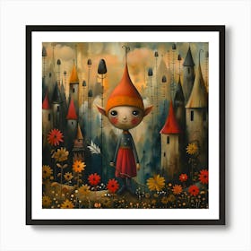 Elves And Castles, Naïf, Whimsical, Folk, Minimalistic Art Print