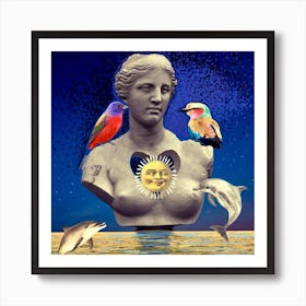 Aphrodite - birds - dolphins - sea - photo montage Art Print