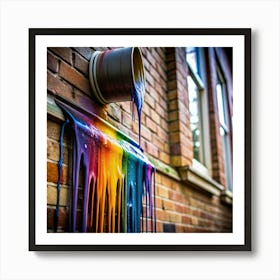 A metal bucket with colorful paint dripping down a brick wall. Art Print