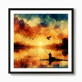 Watercolor Of A Fisherman Art Print